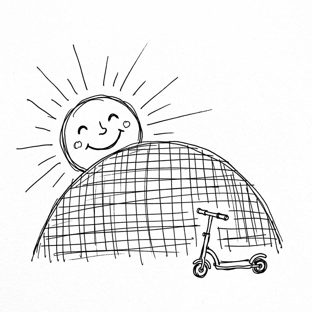 Un soleil souriant se lève derrière une colline quadrillée, une trottinette devant